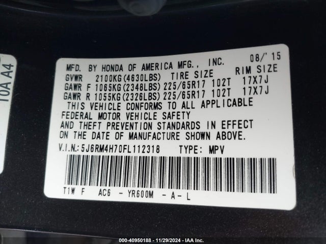 Honda Cr-v Ex-l 2015 5J6RM4H70FL112318 Image 9