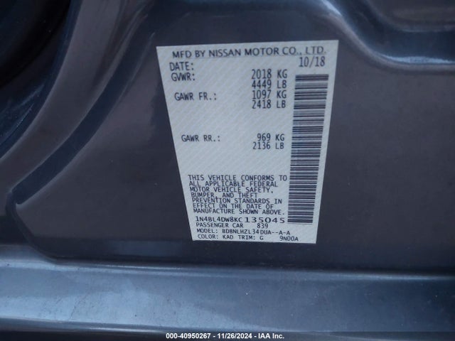 1N4BL4DW8KC135045 Nissan Altima 2.5 Sv