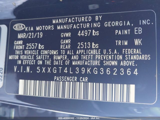 5XXGT4L39KG362364 KIA Optima Lx