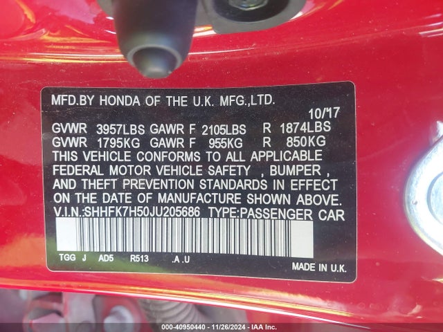 Honda CIVIC EX 2018 SHHFK7H50JU205686 Image 9