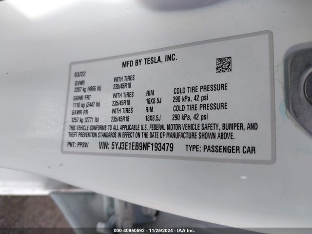2022 TESLA MODEL 3 5YJ3E1EB9NF193479 Photo 8