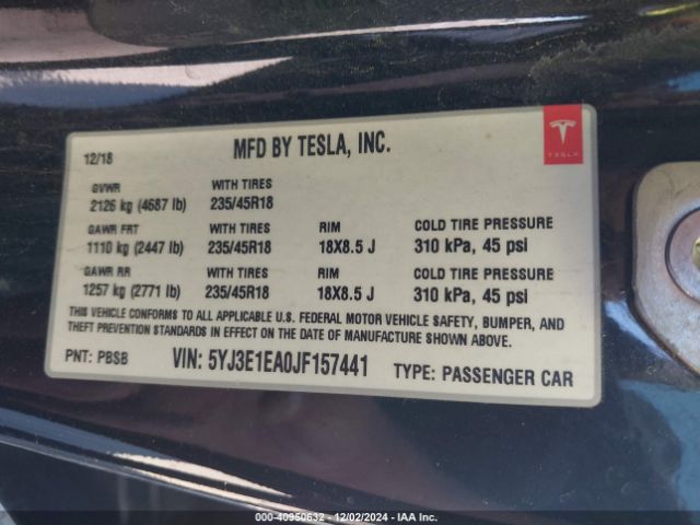 5YJ3E1EA0JF157441 Tesla Model 3 Long Range/mid Range