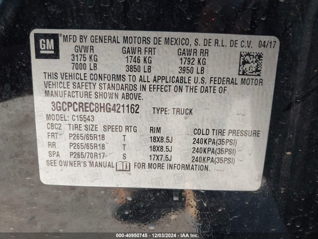 3GCPCREC8HG421162 Chevrolet l83 - sidi: spark ignited direct injection, vvt: variable valve timing, afm, e85 max, alum