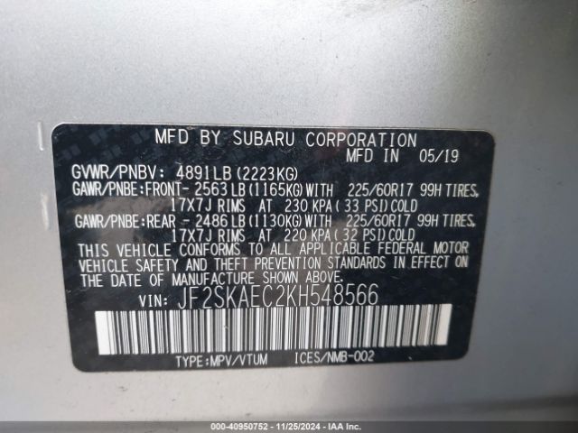 JF2SKAEC2KH548566 Subaru Forester Premium