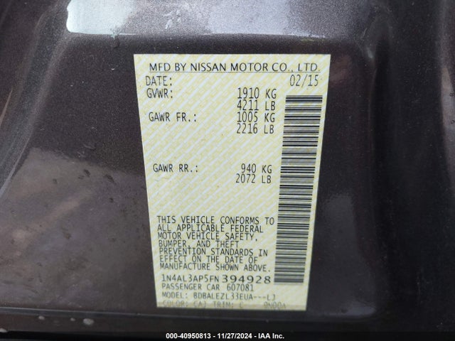 Nissan Altima 2.5 S 2015 1N4AL3AP5FN394928 Image 9