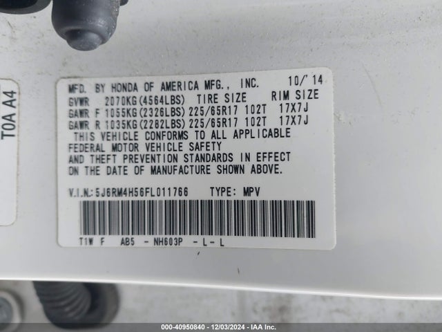 Honda CR-V EX 2015 5J6RM4H56FL011766 Image 9