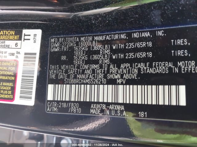 5TDBBRCH4MS526210 Toyota Highlander Hybrid Le