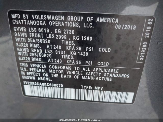 1V2XR2CA8KC606070 Volkswagen Atlas 3.6l V6 Se W/technology R-line