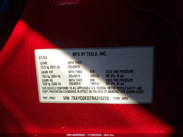 2024 TESLA MODEL Y 7SAYGDED7RA310226 Photo 8