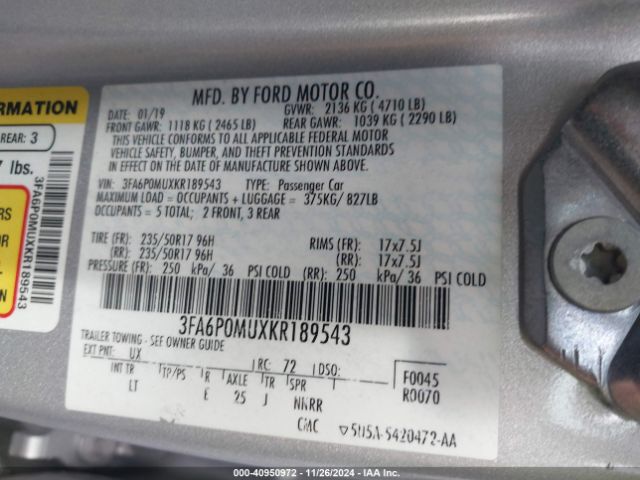 3FA6P0MUXKR189543 Ford Fusion Hybrid Sel