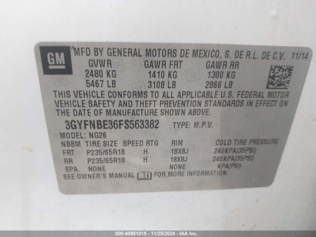 3GYFNBE36FS563382 Cadillac Srx Luxury Collection