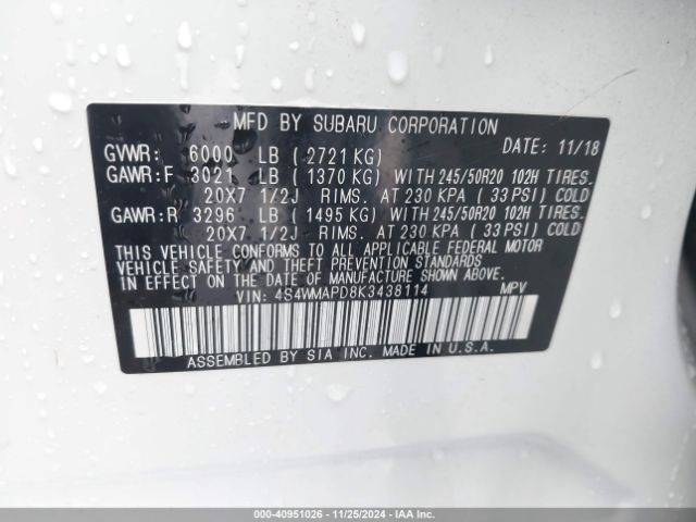 4S4WMAPD8K3438114 Subaru Ascent Limited