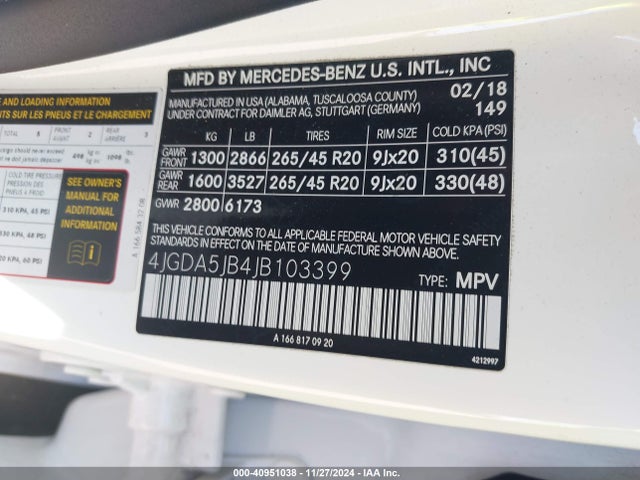 4JGDA5JB4JB103399 Mercedes-Benz GLE 350
