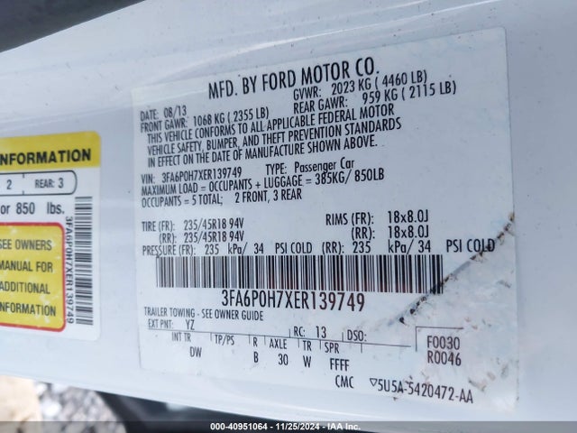 Ford FUSION SE 2014 3FA6P0H7XER139749 Image 9