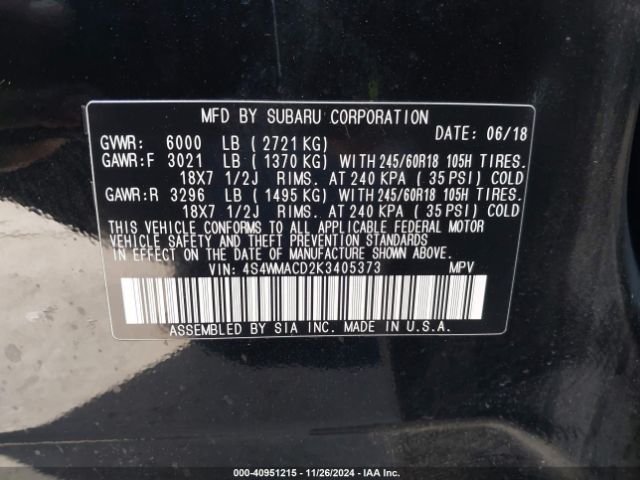 4S4WMACD2K3405373 Subaru Ascent Premium