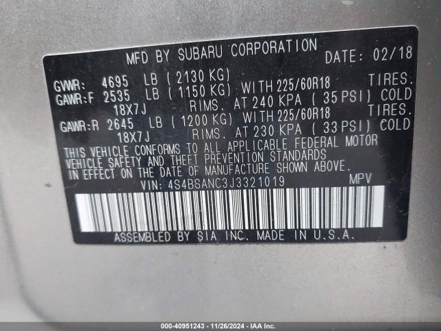 Subaru Outback 2.5i Limited 2018 4S4BSANC3J3321019 Image 9