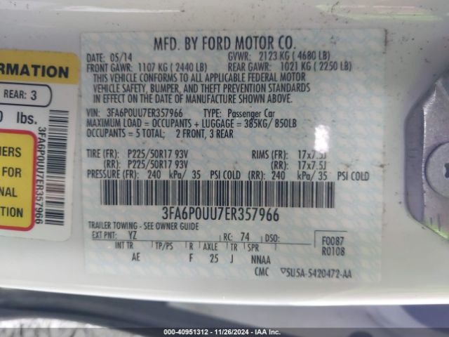 3FA6P0UU7ER357966 Ford Fusion Hybrid S