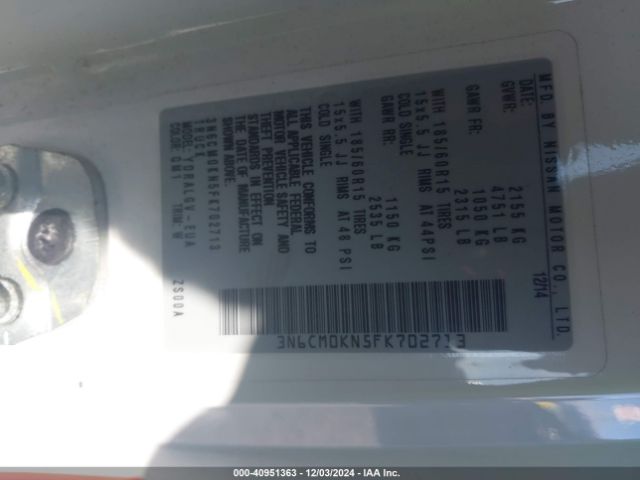 3N6CM0KN5FK702713 Nissan NV200 SV