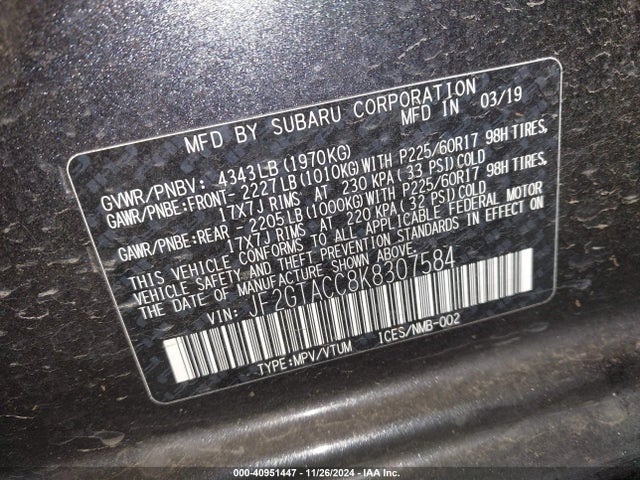 Subaru Crosstrek 2.0i Premium 2019 JF2GTACC8K8307584 Image 9