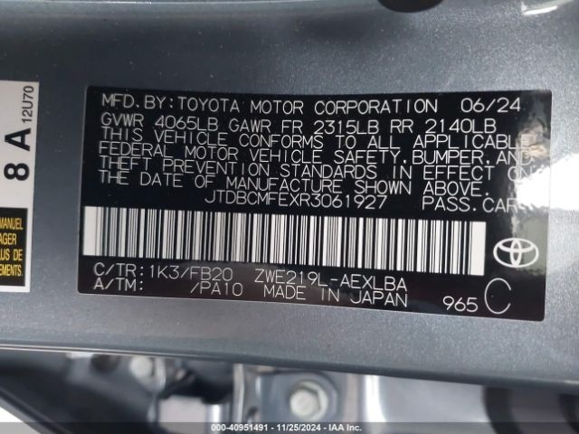 JTDBCMFEXR3061927 Toyota Corolla Hybrid Le