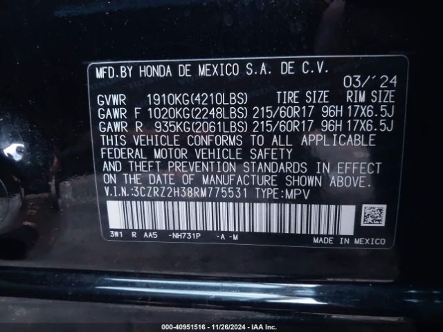 3CZRZ2H38RM775531 Honda Hr-v Awd Lx