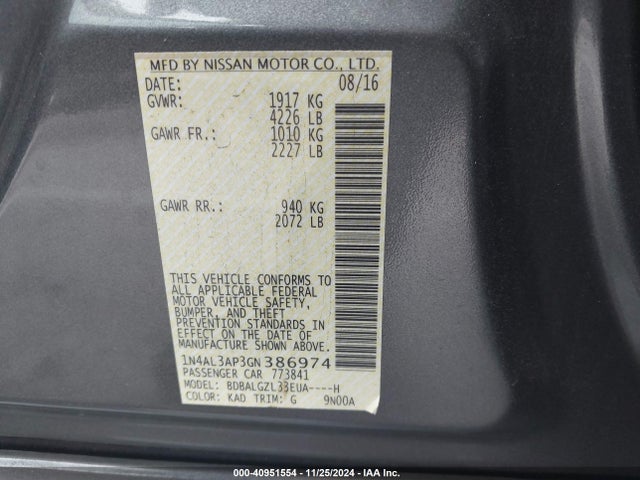Nissan Altima 2.5 S 2016 1N4AL3AP3GN386974 Image 9