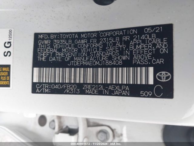 JTDEPMAE0MJ188408 Toyota COROLLA LE