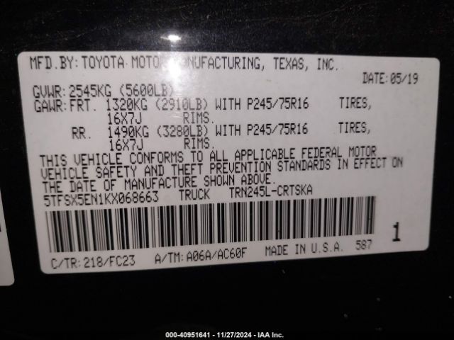 5TFSX5EN1KX068663 Toyota Tacoma Sr5