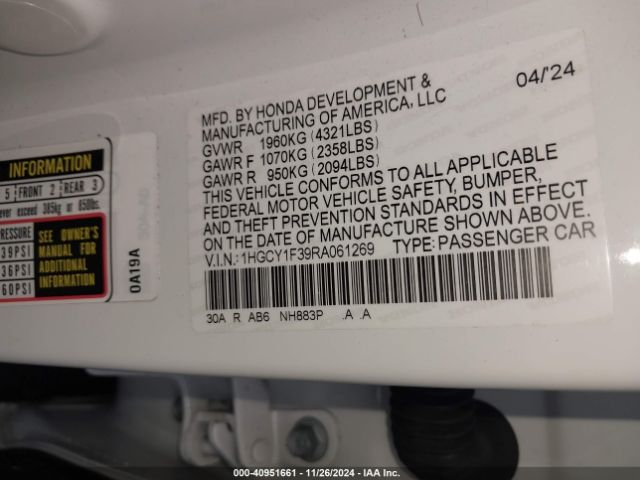 1HGCY1F39RA061269 Honda ACCORD EX