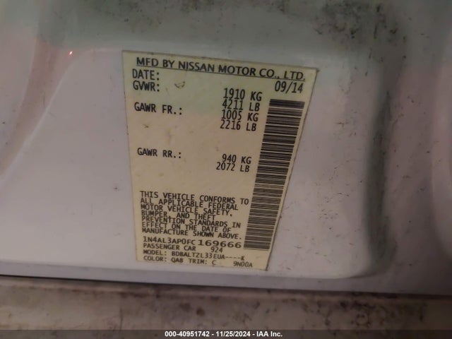 Nissan Altima 2.5 Sl 2015 1N4AL3AP0FC169666 Image 9
