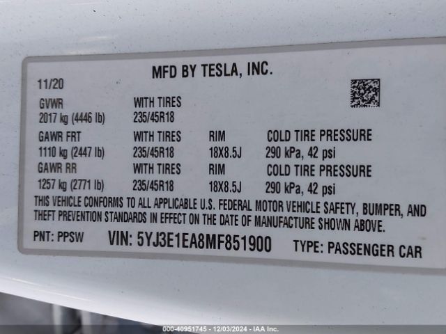 5YJ3E1EA8MF851900 Tesla Model 3 Standard Range Plus Rear-wheel Drive