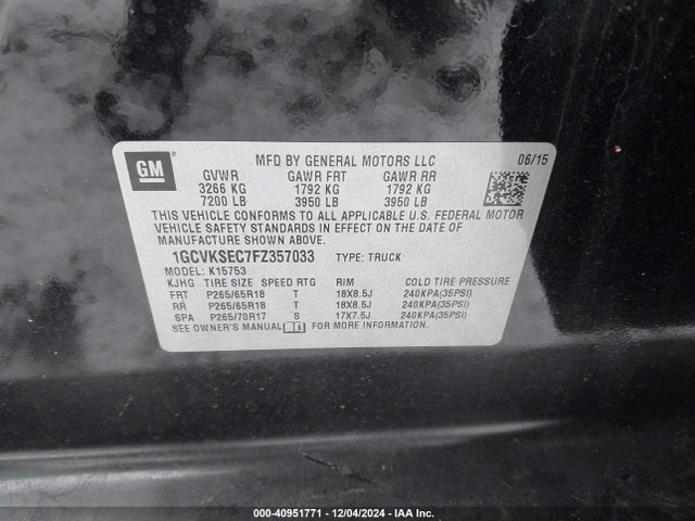 Chevrolet Silverado 1500 2lz 2015 1GCVKSEC7FZ357033 Image 9