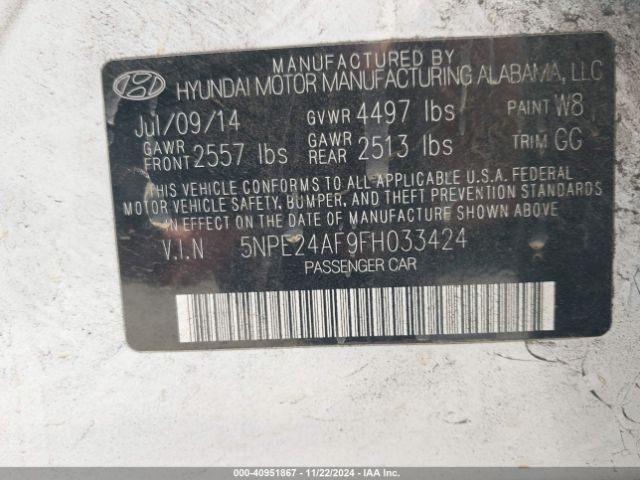 5NPE24AF9FH033424 Hyundai SONATA SE