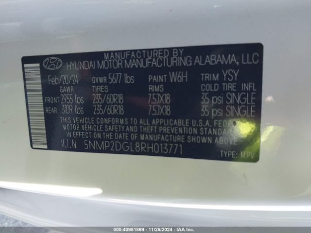 5NMP2DGL8RH013771 Hyundai Santa Fe Sel