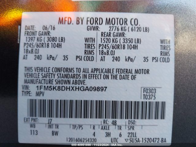 1FM5K8DHXHGA09897 Ford EXPLORER XLT