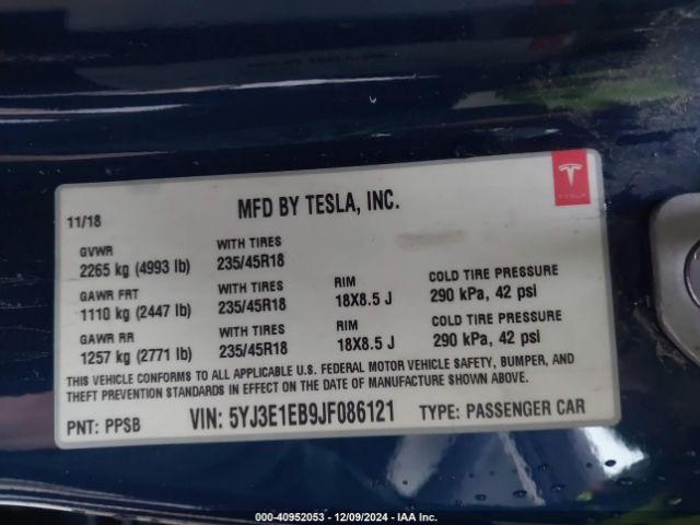 5YJ3E1EB9JF086121 Tesla Model 3 Long Range/performance