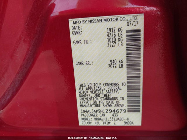Nissan Altima 2.5 Sr 2017 1N4AL3AP5HC294679 Image 9
