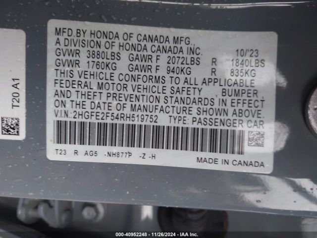 2HGFE2F54RH519752 Honda Civic Sport