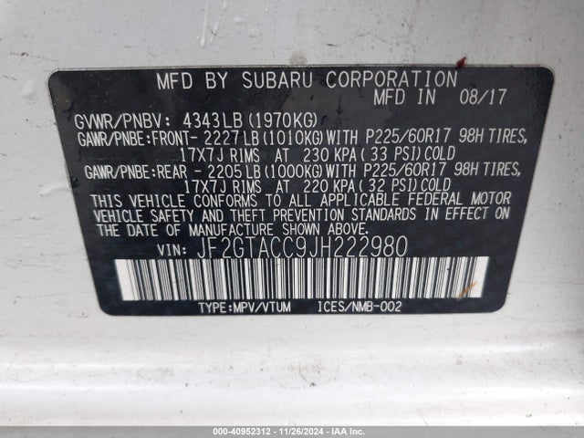 JF2GTACC9JH222980 Subaru Crosstrek 2.0i Premium