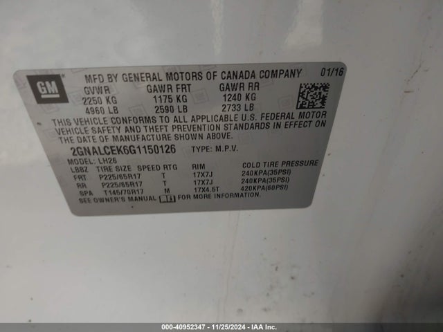 Chevrolet EQUINOX LT 2016 2GNALCEK6G1150126 Image 9