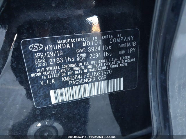 KMHD84LFXLU921670 Hyundai Elantra Value Edition