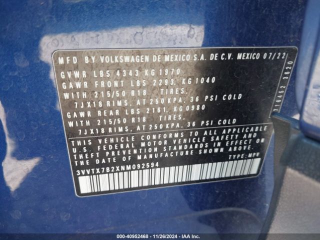 3VVTX7B2XNM092594 Volkswagen Taos 1.5t Se