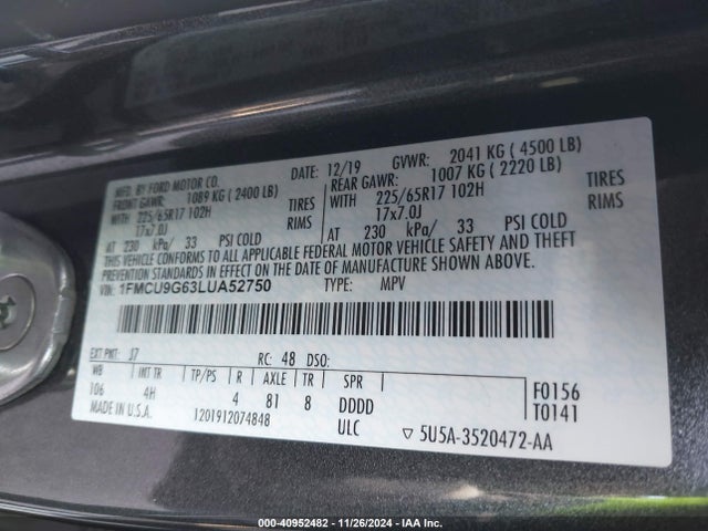 1FMCU9G63LUA52750 Ford ESCAPE SE