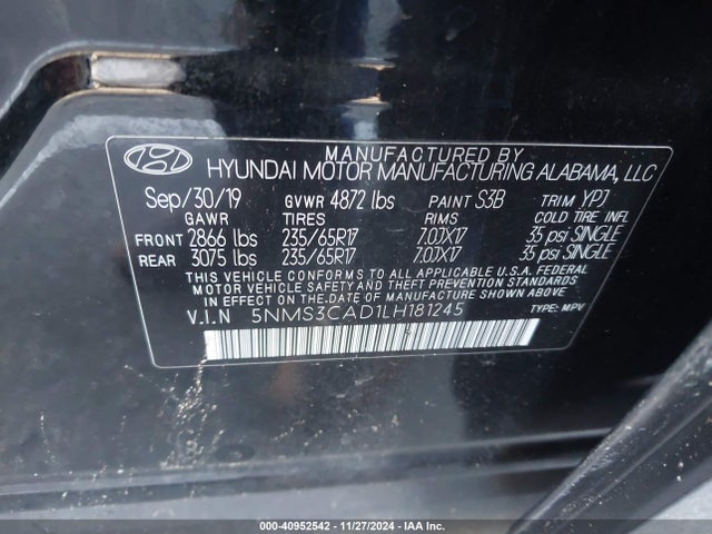 5NMS3CAD1LH181245 Hyundai Santa Fe Sel