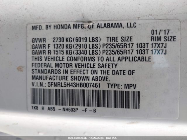 5FNRL5H43HB007461 Honda ODYSSEY EX