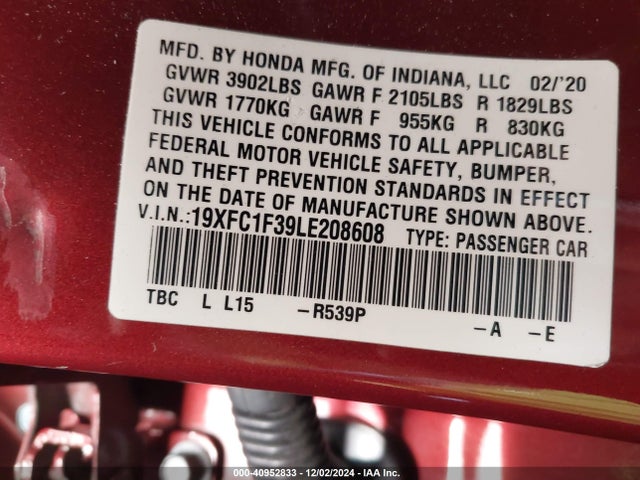 19XFC1F39LE208608 Honda CIVIC EX