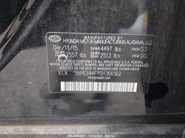 5NPE24AF7GH366562 Hyundai SONATA SE