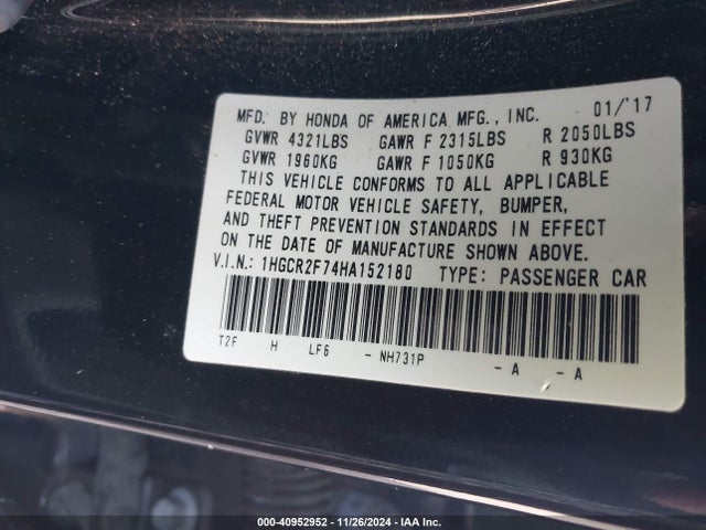 Honda ACCORD EX 2017 1HGCR2F74HA152180 Image 9