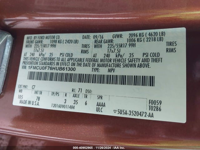 Ford ESCAPE S 2017 1FMCU0F76HUB61300 Image 9