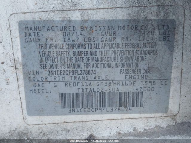 3N1CE2CP9FL378674 Nissan Versa Note S (sr)/s Plus/sl/sr/sv
